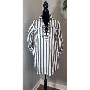 Madewell Blue White Striped Lace Up Neckline Shirt Dress Long Sleeve Pockets